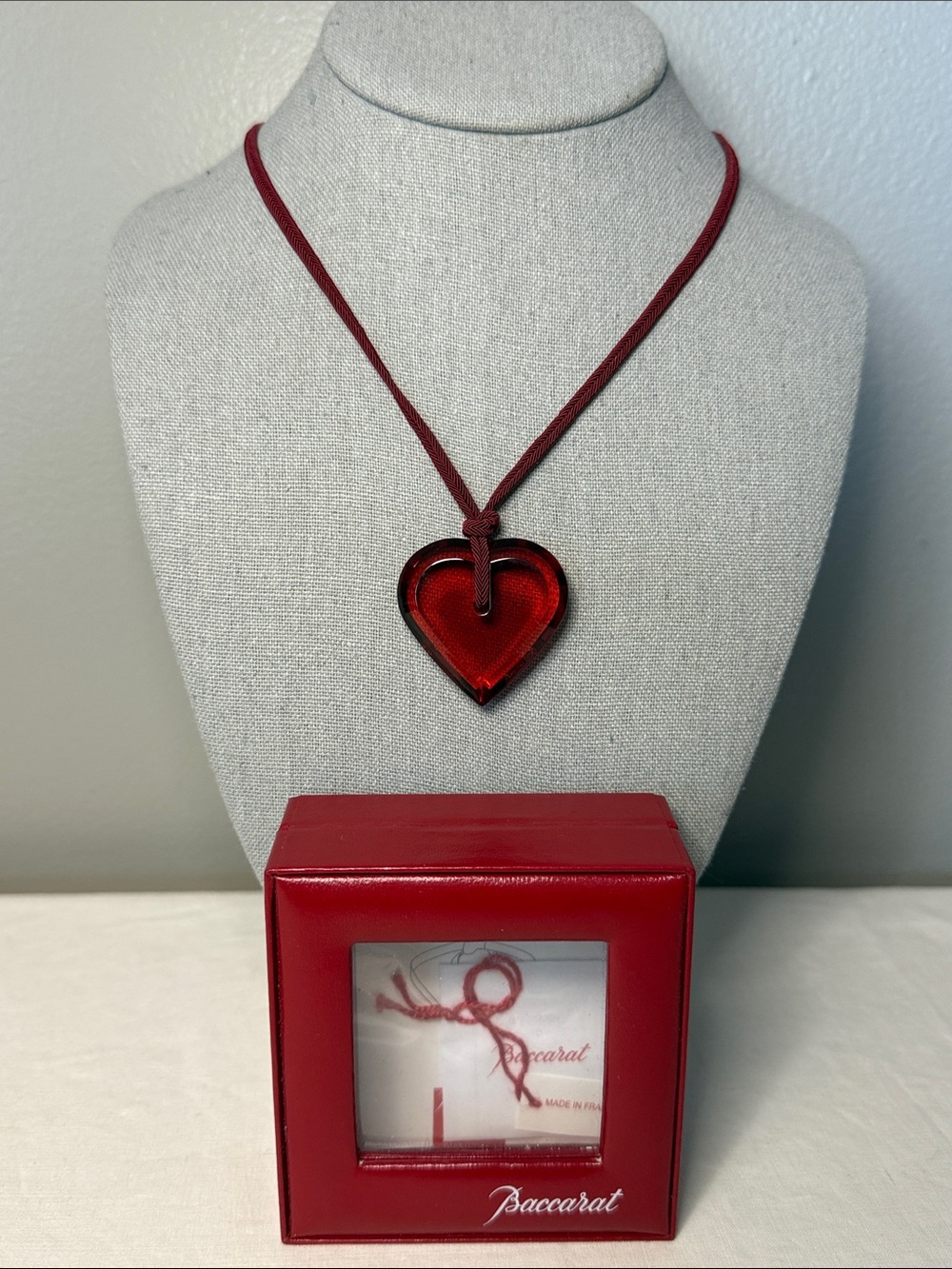 Baccarat Red Crystal Heart Pendant Necklace Adjustable Cord France w/ Box